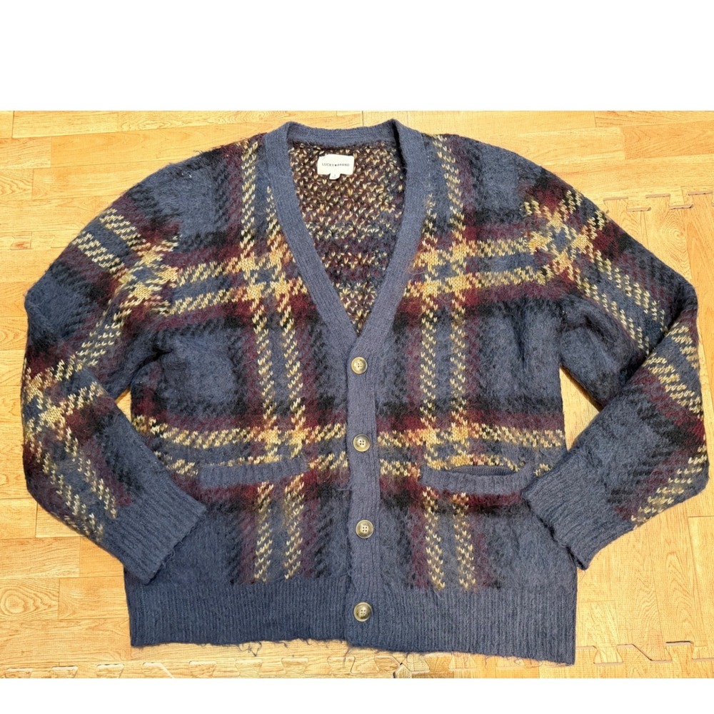 Lucky Brand Blue Plaid Fuzzy Cardigan Sweater Womens XL Preppy Academia